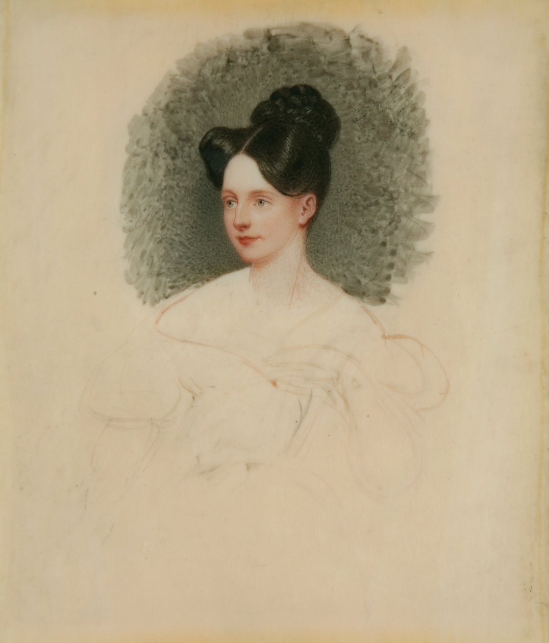 صورة غير مكتملة لماريان كريجو كولمار (فيما بعد السيدة باورتون بينيت) c.1833-34 (صورة مصغرة على العاج مثبتة على البطاقة) بواسطة المدرسة الإنجليزية المدرسة الإنجليزية