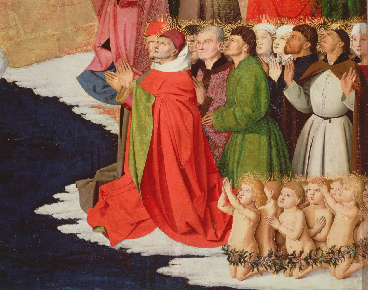 رجال الدين والأطفال ، تفاصيل من تتويج العذراء ، 1453-54 بواسطة إنجويراند كوارتون