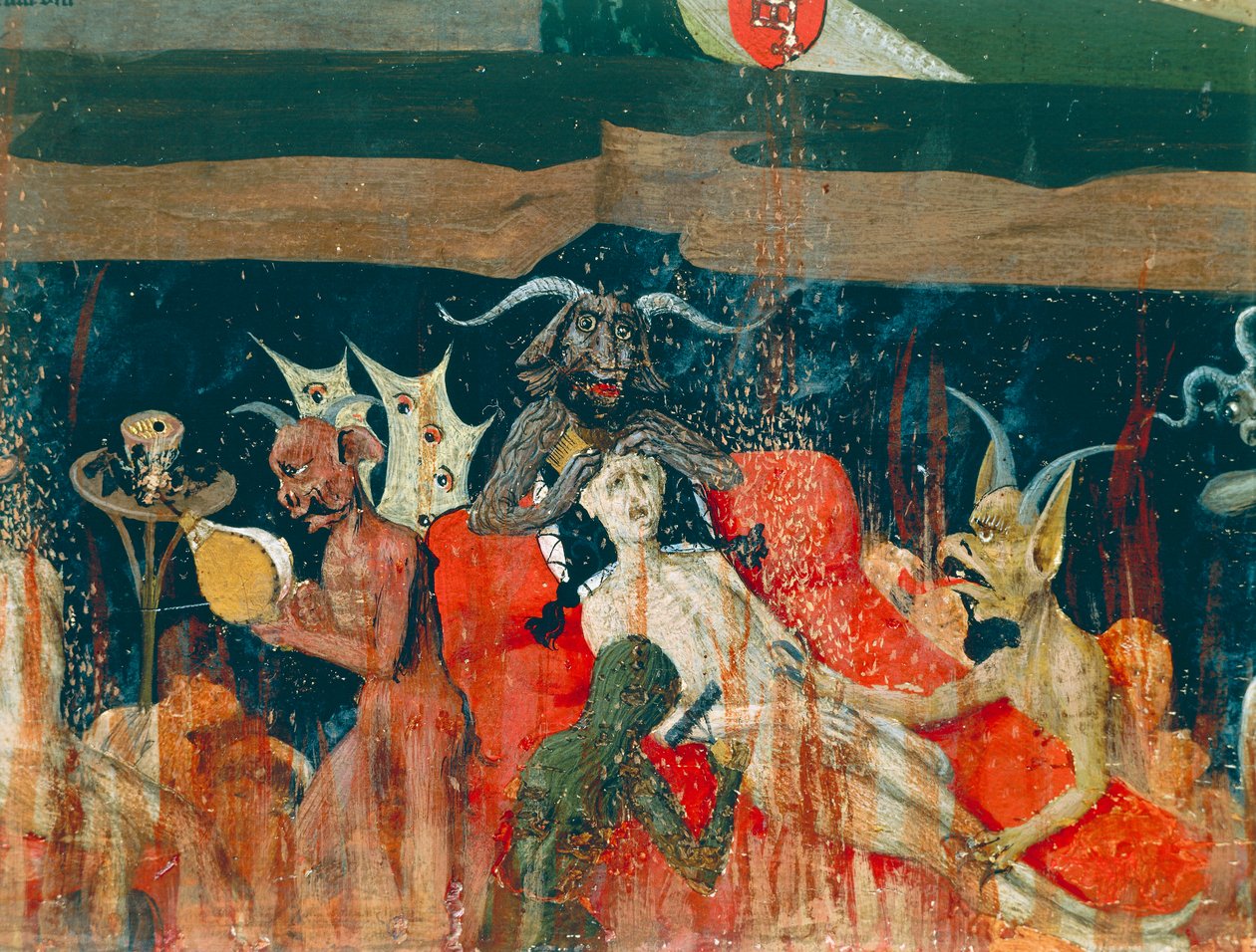 Demons and damned in hell, detail from Coronation of Virgin Altarpiece بواسطة إنجويراند كوارتون