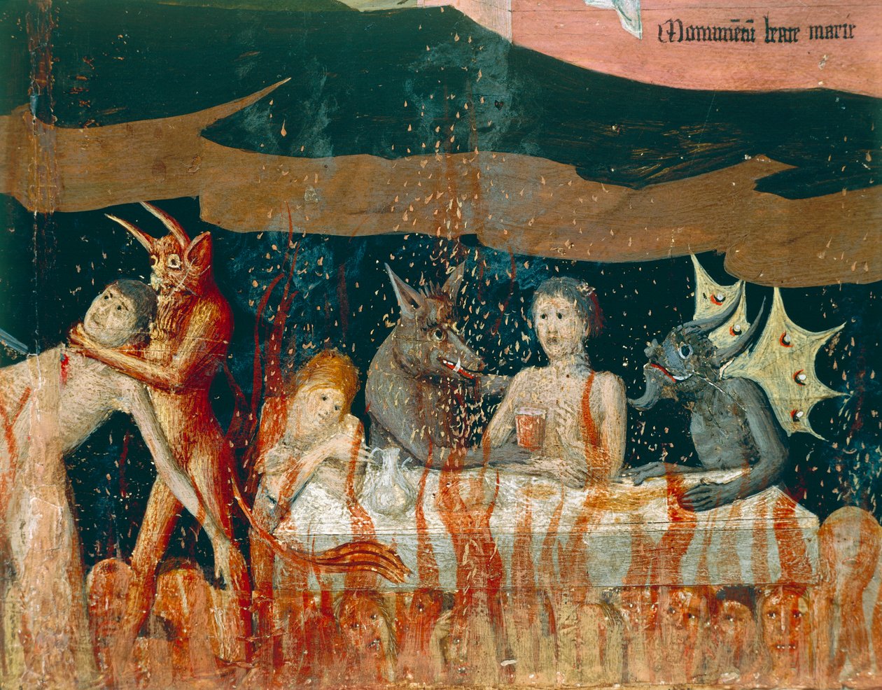 Demons and damned in hell, detail from Coronation of Virgin Altarpiece بواسطة إنجويراند كوارتون