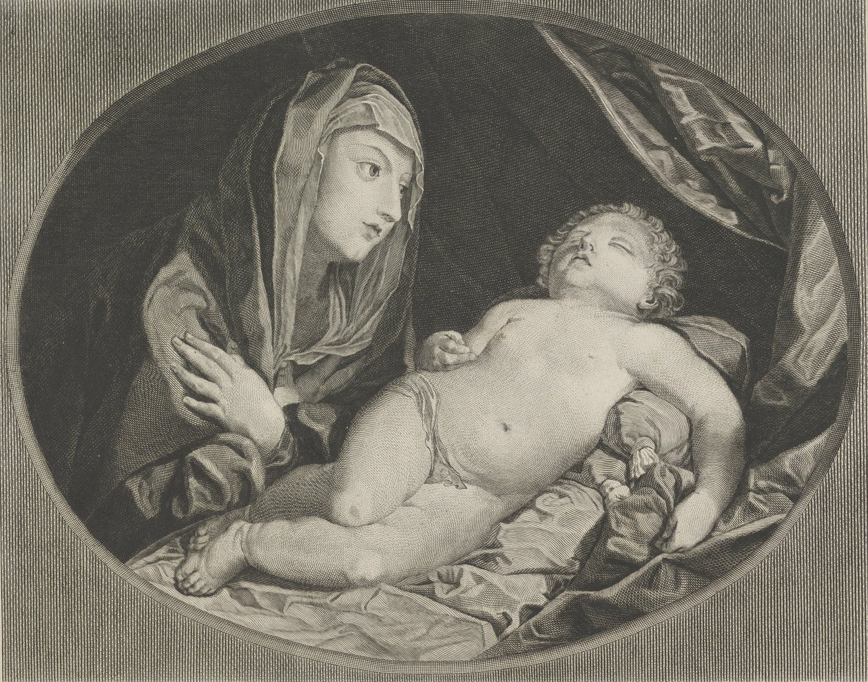 عبرت العذراء ذراعيها على صدرها ناظرةً إلى الرضيع المسيح النائم ، في ... ، 1770-1834. بواسطة افرايم جوتليب كروجر
