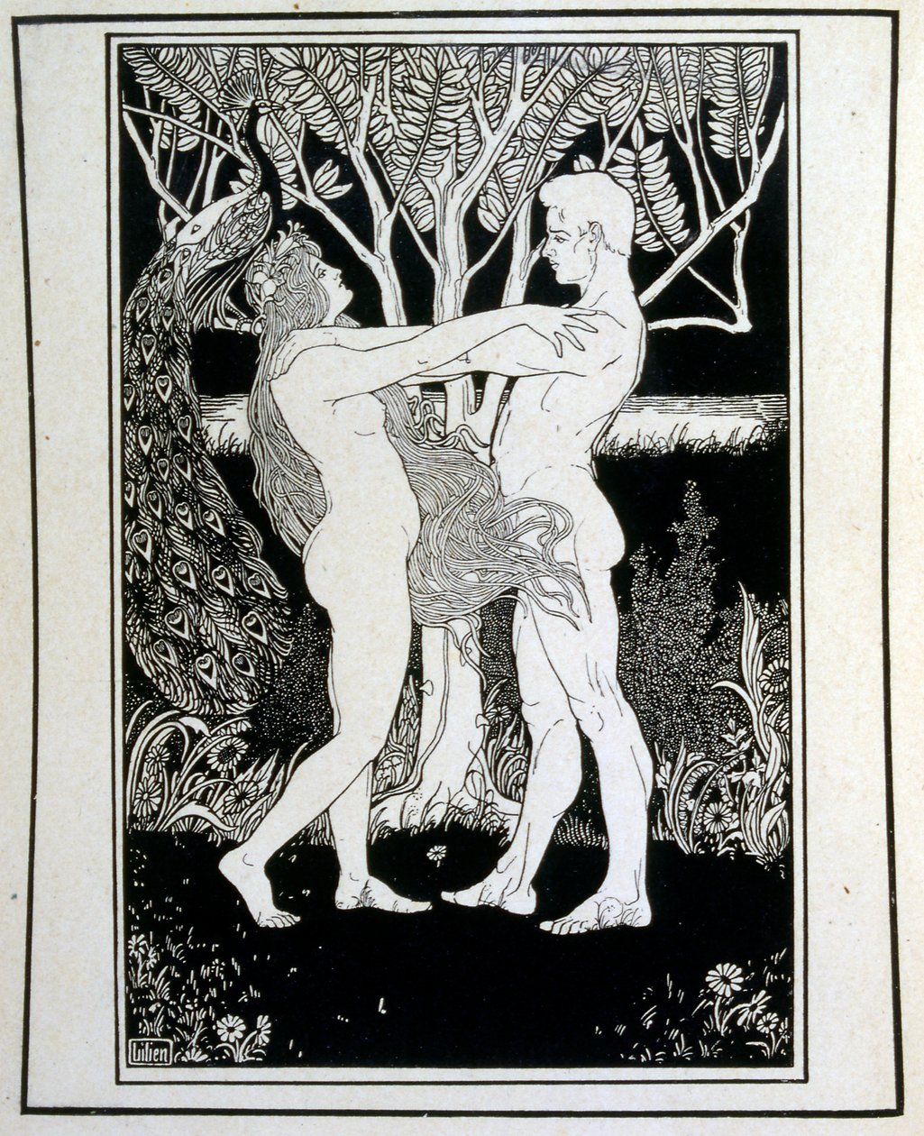 آدم وحواء (براءة) ، من كتاب يهوذا الذي رسمه إفرايم موسى ليلين (1874-1925). يُعتبر ليليان والد الأيقونية الصهيونية ، التي تم إنشاؤها على طراز Jugendstil (الفن الألماني الحديث). رسم "يهوذا" (1900) ، كتاب توراتي بواسطة افرايم موسى الزنابق