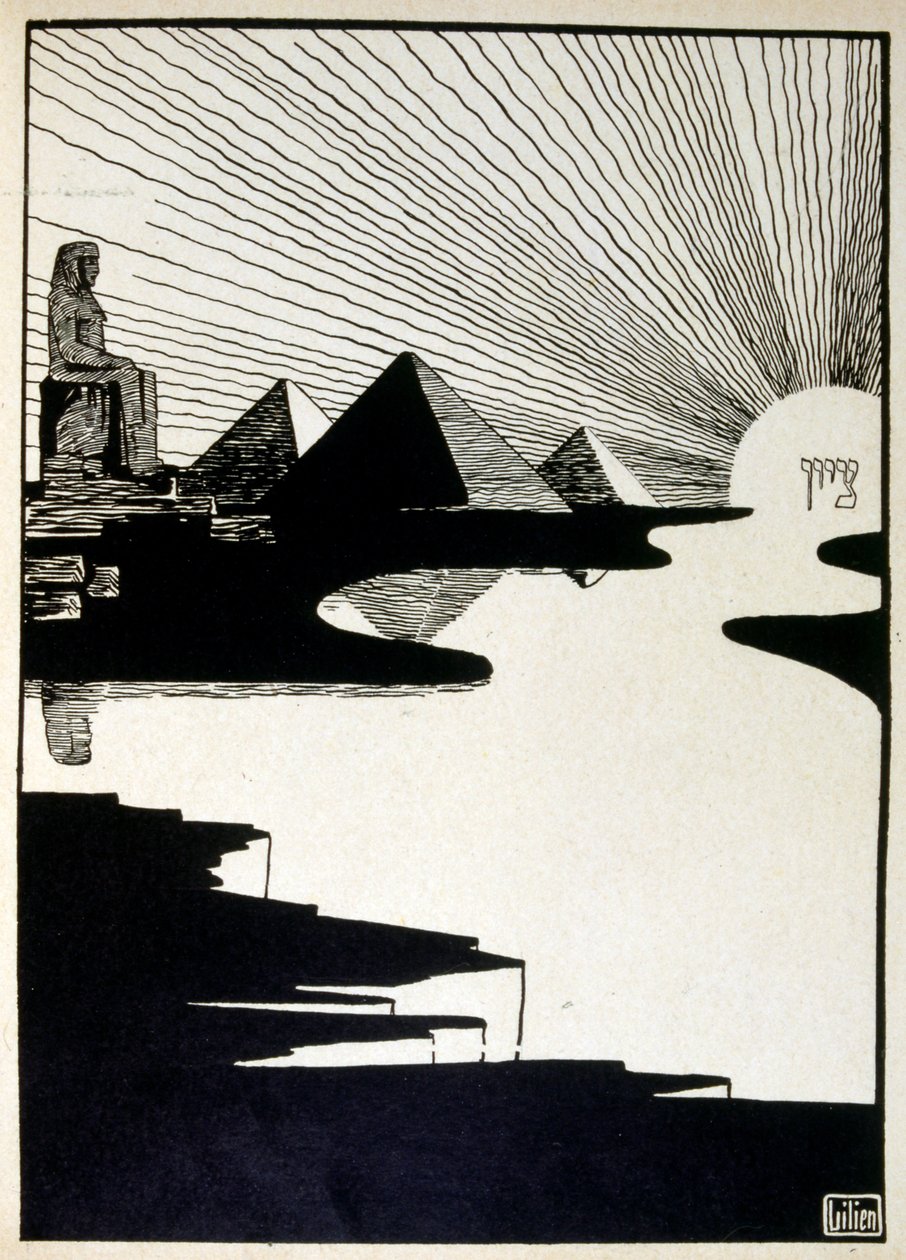 عيد الفصح ، من كتاب يهوذا الذي رسمه إفرايم موسى ليلين (1874-1925). يُعتبر ليليان والد الأيقونية الصهيونية ، التي تم إنشاؤها على طراز Jugendstil (الفن الألماني الحديث). رسم "يهوذا" (1900) ، كتاب شعر من الكتاب المقدس بواسطة افرايم موسى الزنابق