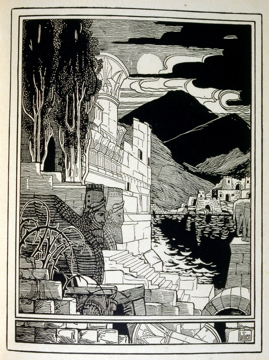 أطلال سدوم ، من كتاب يهوذا الذي رسمه إفرايم موسى ليلين (1874-1925). يُعتبر ليليان والد الأيقونية الصهيونية ، التي تم إنشاؤها على طراز Jugendstil (الفن الألماني الحديث). رسم "يهوذا" (1900) ، كتاب الشاعر التوراتي بواسطة افرايم موسى الزنابق