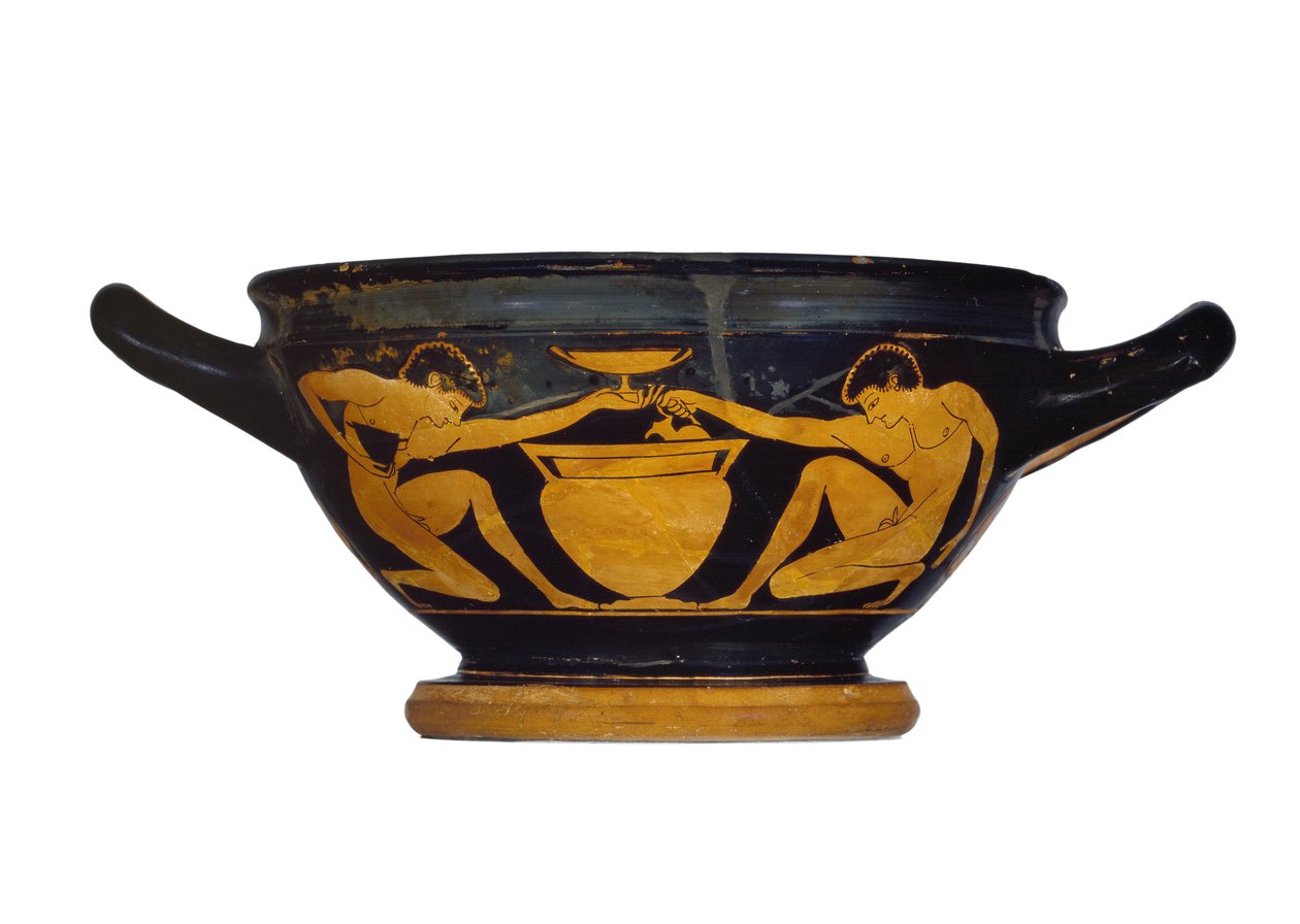 العلية ذات الشكل الأحمر العلوية ، مزينة بشابين عرايين راكعين بفوهة عمودي ، c.520-500 قبل الميلاد (سيراميك) بواسطة Epictetos