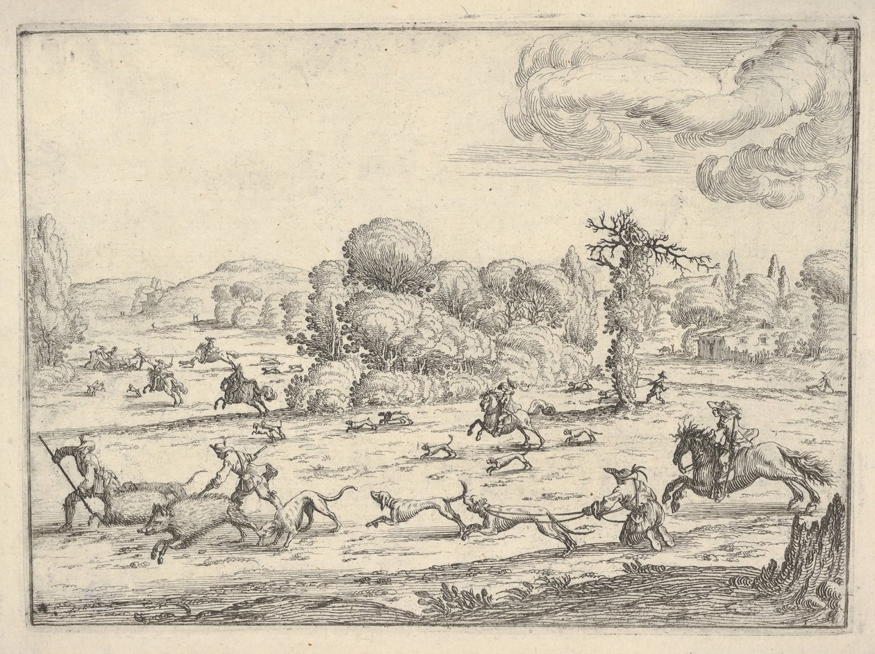 صيد الخنزير في منظر طبيعي ، كاليفورنيا. 1620-38. بواسطة إركول بازيكالوفا