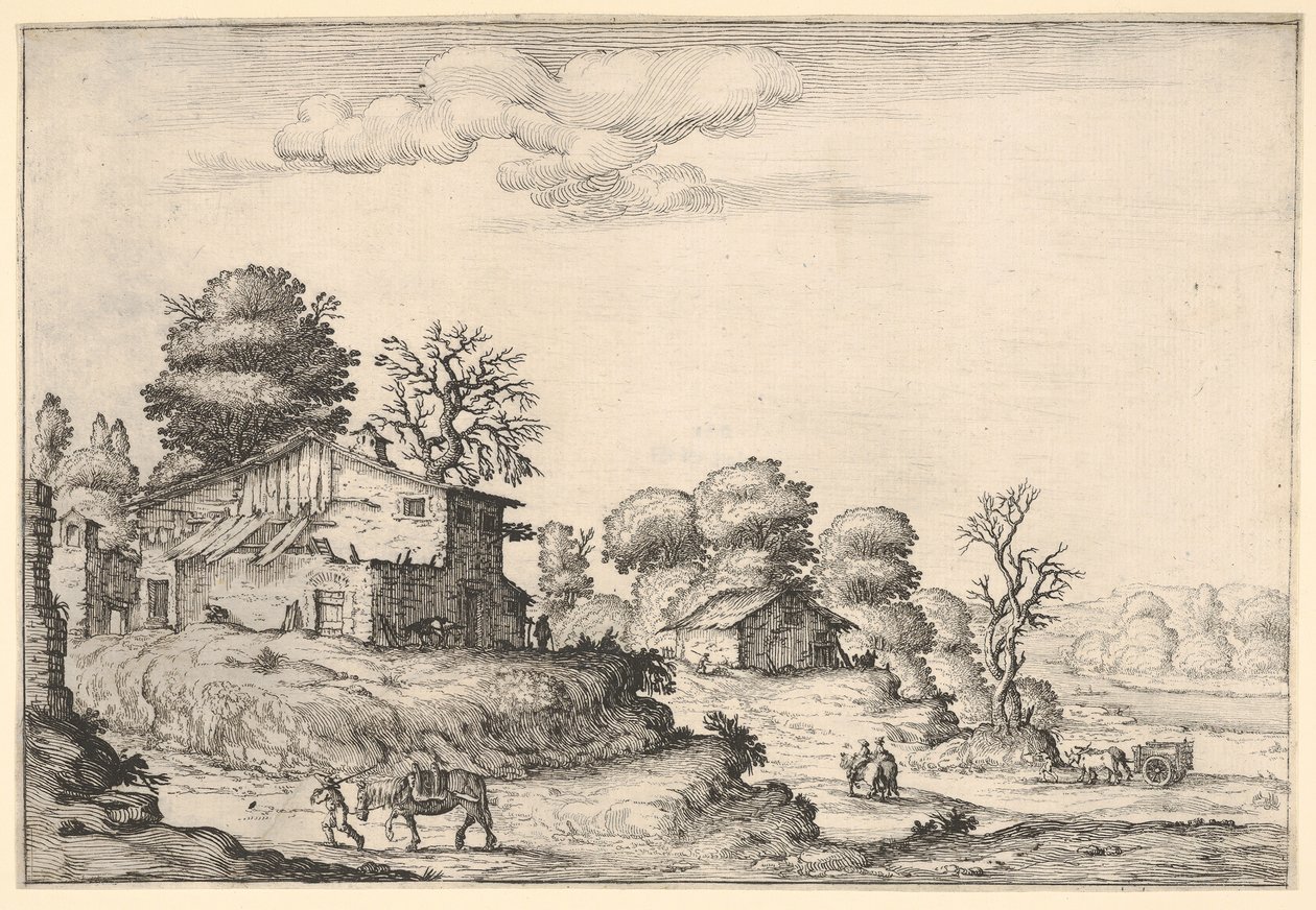 منظر طبيعي مع مساكن الفلاحين ورجل يقود حصانًا في المقدمة اليسرى ، من عام 1638. بواسطة إركول بازيكالوفا