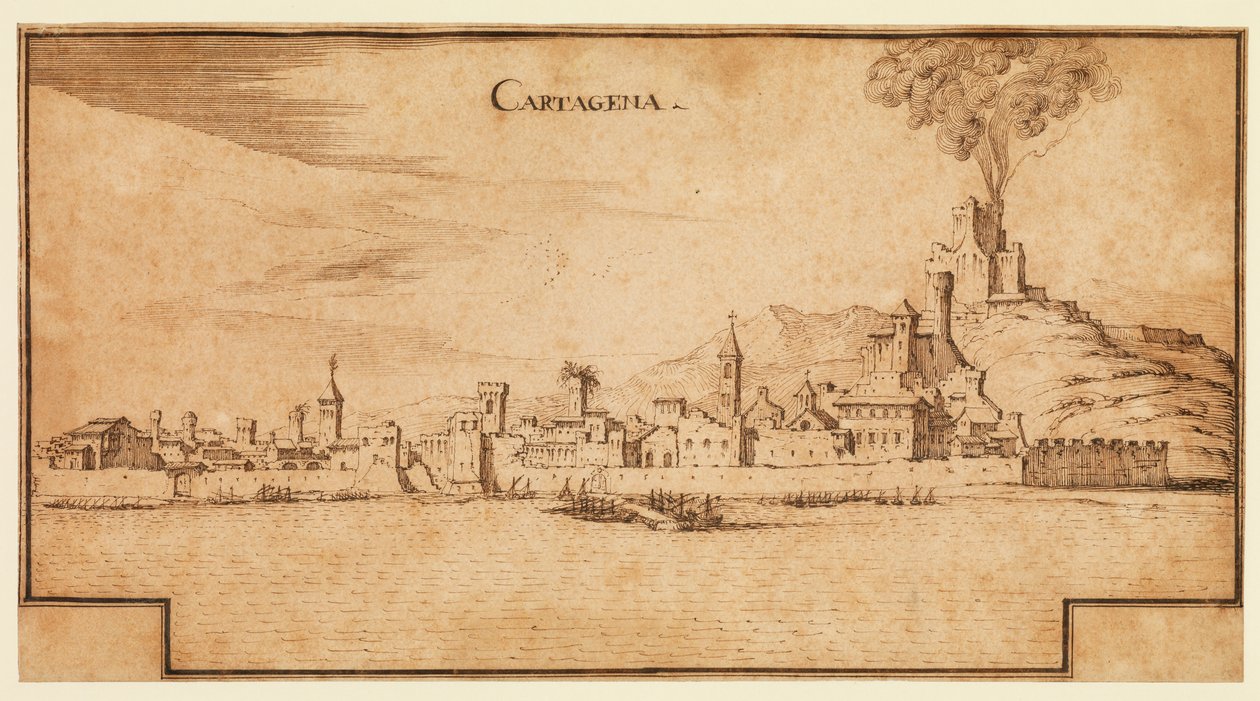 منظر لقرطاجنة ، إسبانيا ، حوالي عام 1642 (قلم حبر وحبر بني على ورق مضلع ، مع خطوط تأطير بالحبر البني متدرجة في الأسفل) بواسطة إركول فريجوني بازيكالوفا