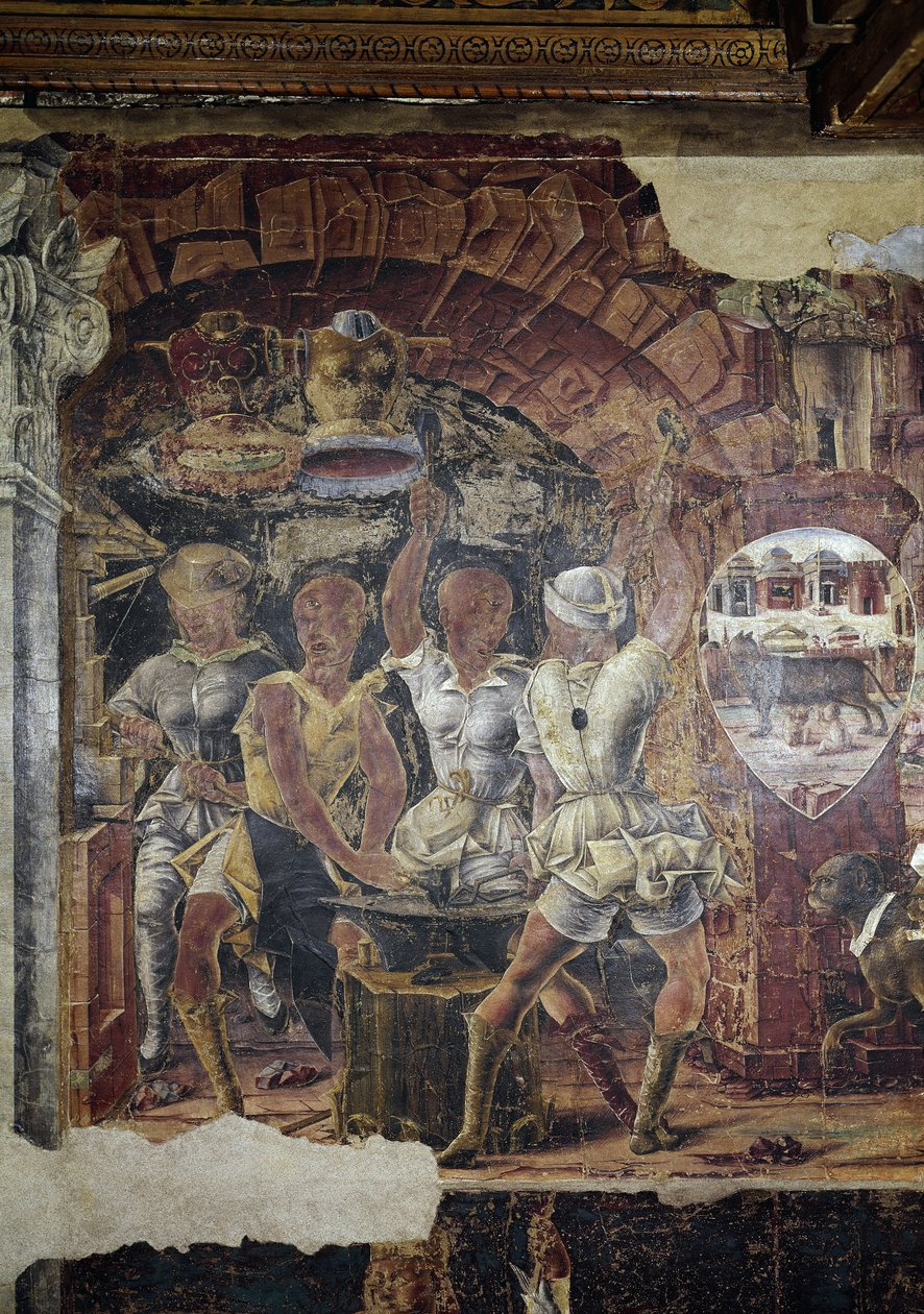 Allegory of september, detail of triumph of Vulcan, view of his smithy detail - fresco by Ercole de 