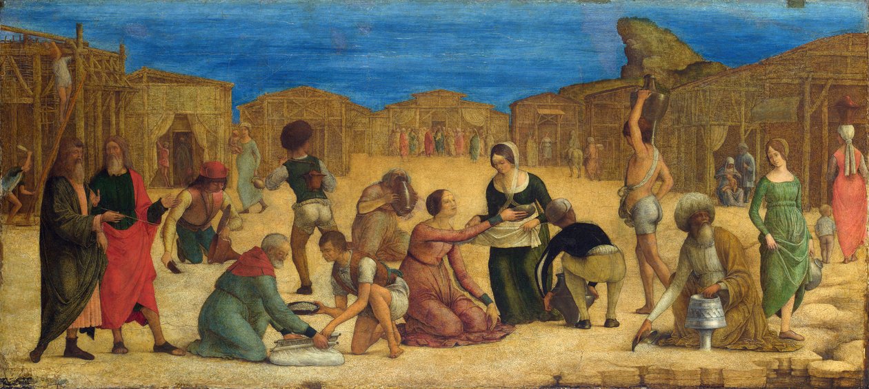 "حصاد المن في صحراء سيناء" - De Ercole Roberti (Ercole Ferrarese) (حوالي 1450-1496) الإسرائيليون يجمعون مانا تمبرا على القماش بالمتحف الوطني في تسعينيات القرن التاسع عشر ، لندن 28،9x63،5 بواسطة إركول دي روبرتتي