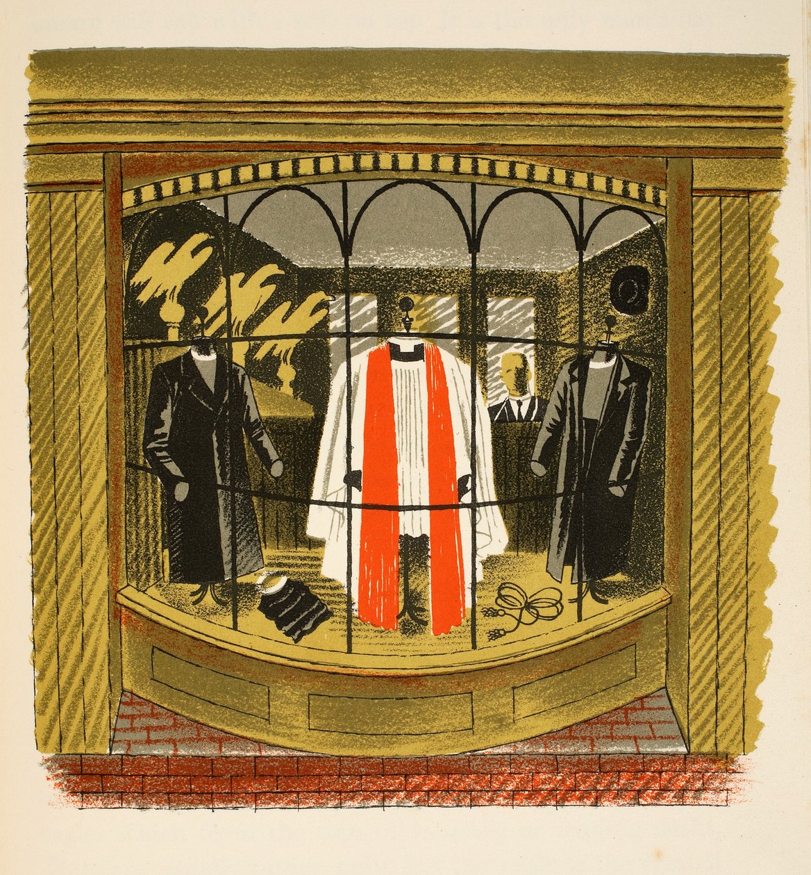 Outfitter Clerical ، رسم توضيحي من "High Street" بقلم JM Richards ، طبعه مطبعة Curwen ، الحانة. بواسطة Country Life ، 1938 بواسطة إريك رافيليوس