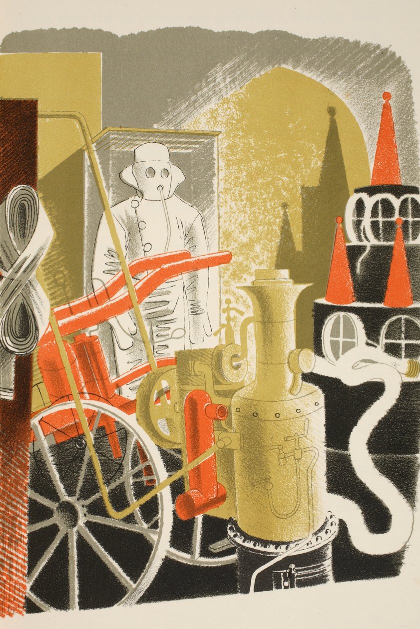 مهندس إطفاء ، رسم توضيحي من &39;High Street&39; بواسطة JM Richards ، طبعه مطبعة Curwen ، الحانة. بواسطة Country Life ، 1938 بواسطة إريك رافيليوس