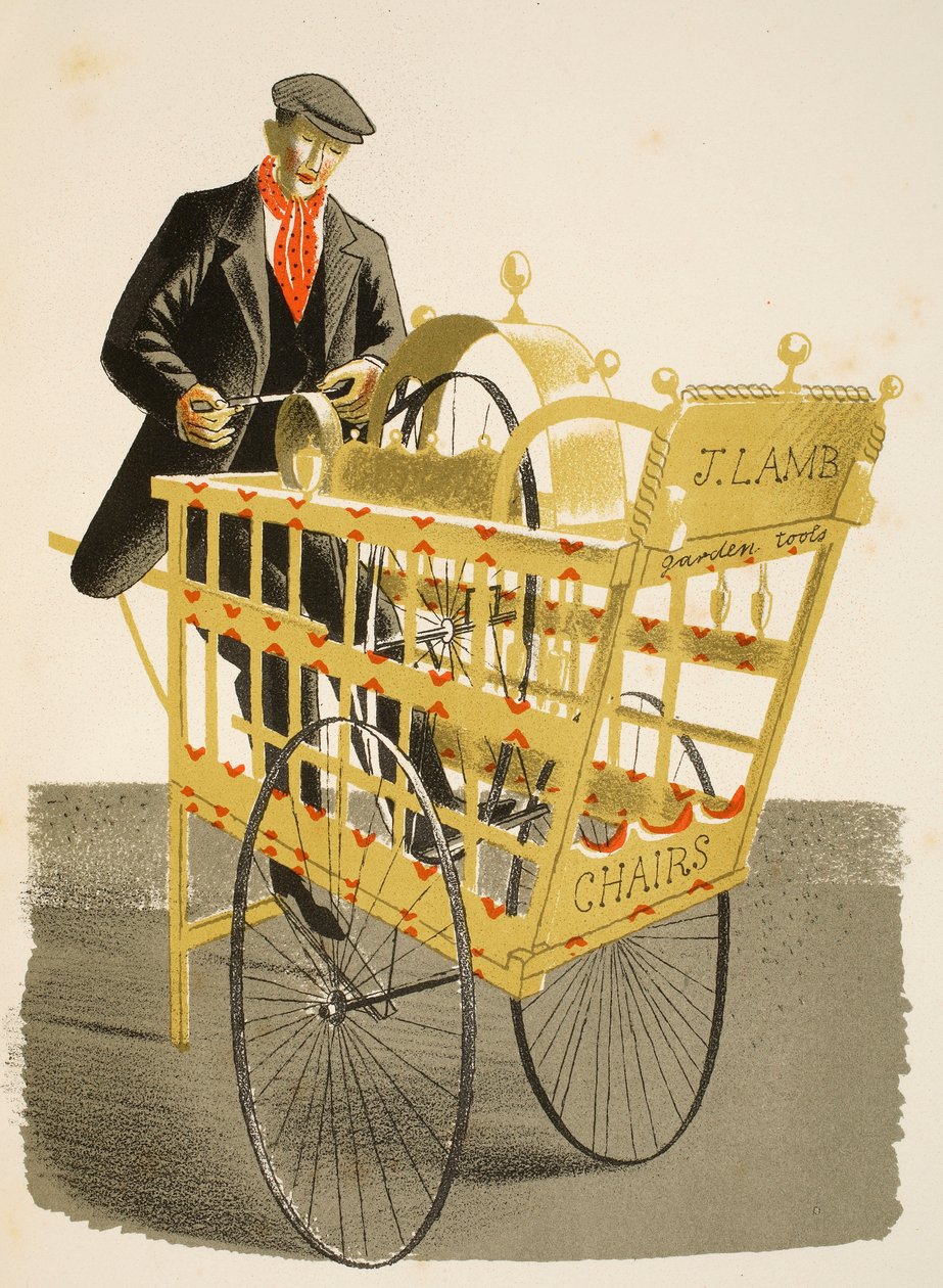 سكين مطحنة ، رسم توضيحي من &39;High Street&39; بواسطة JM Richards ، طبعه مطبعة Curwen. بواسطة Country Life ، 1938 بواسطة إريك رافيليوس