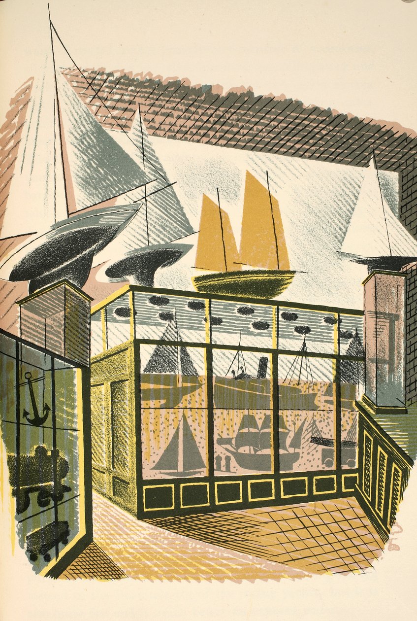 نموذج السفن والقطارات ، رسم توضيحي من &39;High Street&39; بواسطة JM Richards ، طبعه مطبعة Curwen ، الحانة. بواسطة Country Life ، 1938 بواسطة إريك رافيليوس