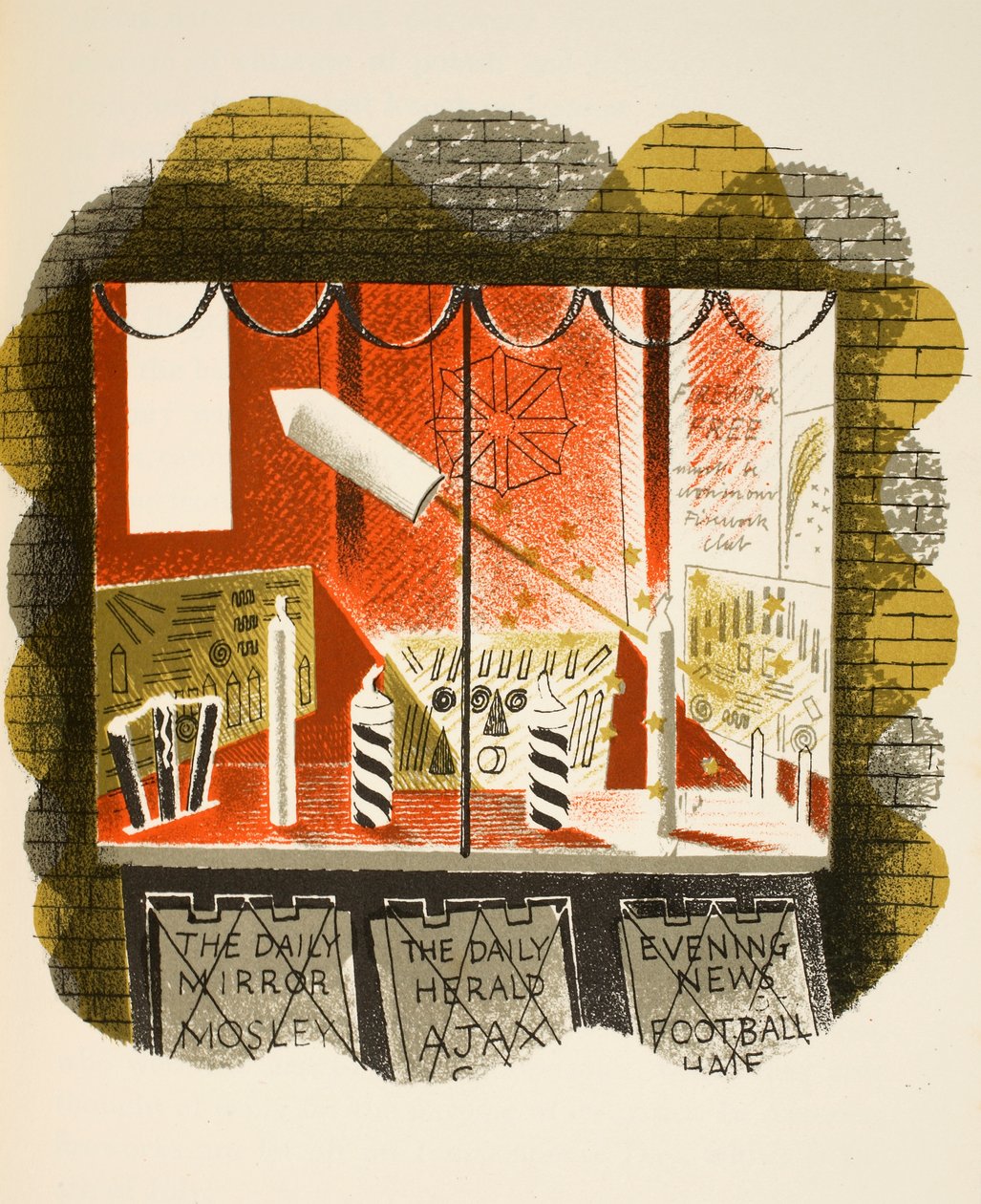 محلات بيع الصحف ، رسم توضيحي من "High Street" بقلم JM Richards ، طبعته دار Curwen Press. بواسطة Country Life ، 1938 بواسطة إريك رافيليوس