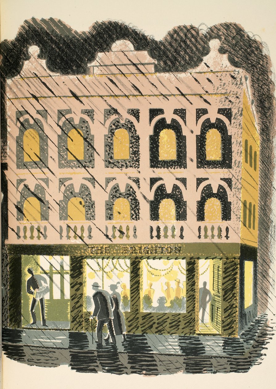 منزل عام ، رسم توضيحي من "هاي ستريت" بقلم جي إم ريتشاردز ، طبعه مطبعة Curwen ، الحانة. بواسطة Country Life ، 1938 بواسطة إريك رافيليوس