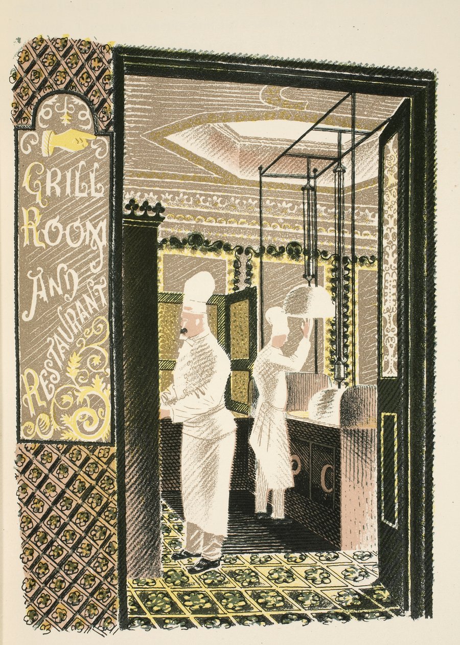 مطعم وغرفة شواء ، رسم توضيحي من "High Street" من تأليف JM Richards ، طبعه مطبعة Curwen ، الحانة. بواسطة Country Life ، 1938 بواسطة إريك رافيليوس