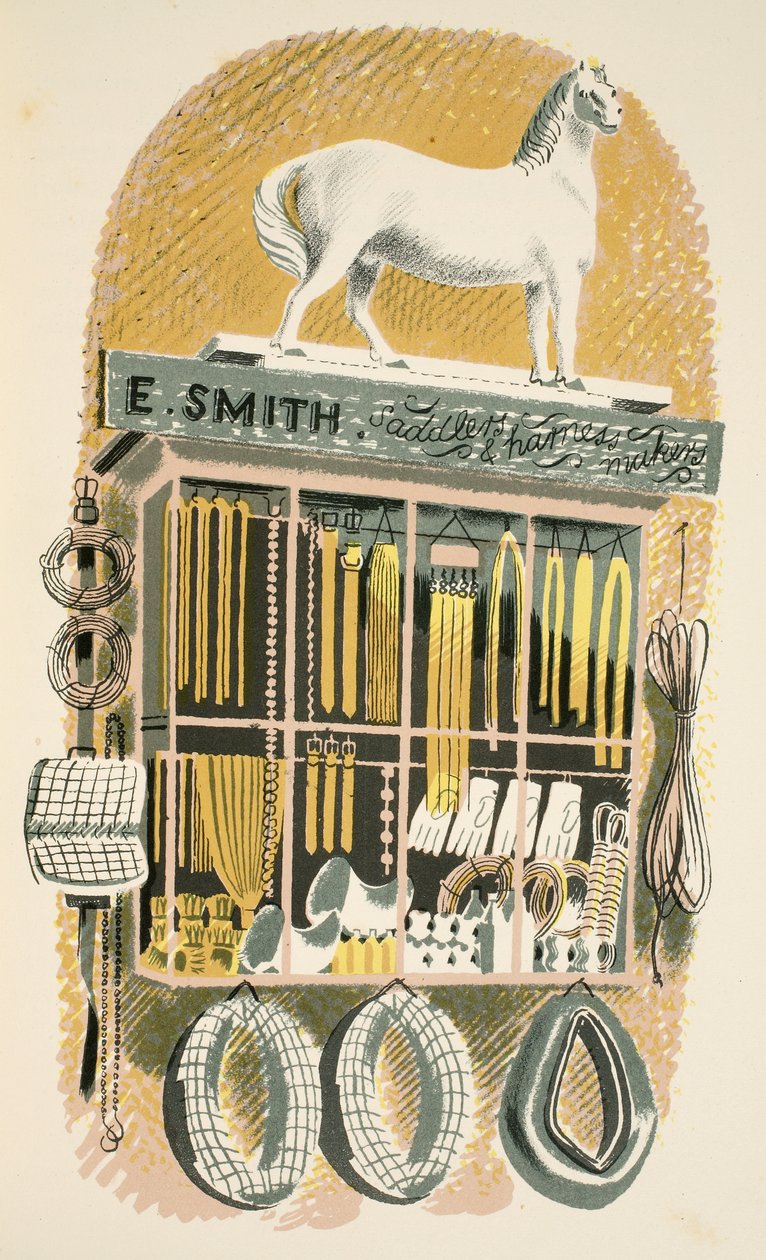 Saddler and Harness Maker ، رسم توضيحي من "High Street" بقلم JM Richards ، طبعه مطبعة Curwen ، الحانة. بواسطة Country Life ، 1938 بواسطة إريك رافيليوس