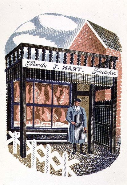 The Butchers Shop ، طبعه مطبعة Curwen ، من High Street ، بقلم JM Richards ، نشرته Country Life ، 1938 (مجموعة من 24) بواسطة إريك رافيليوس