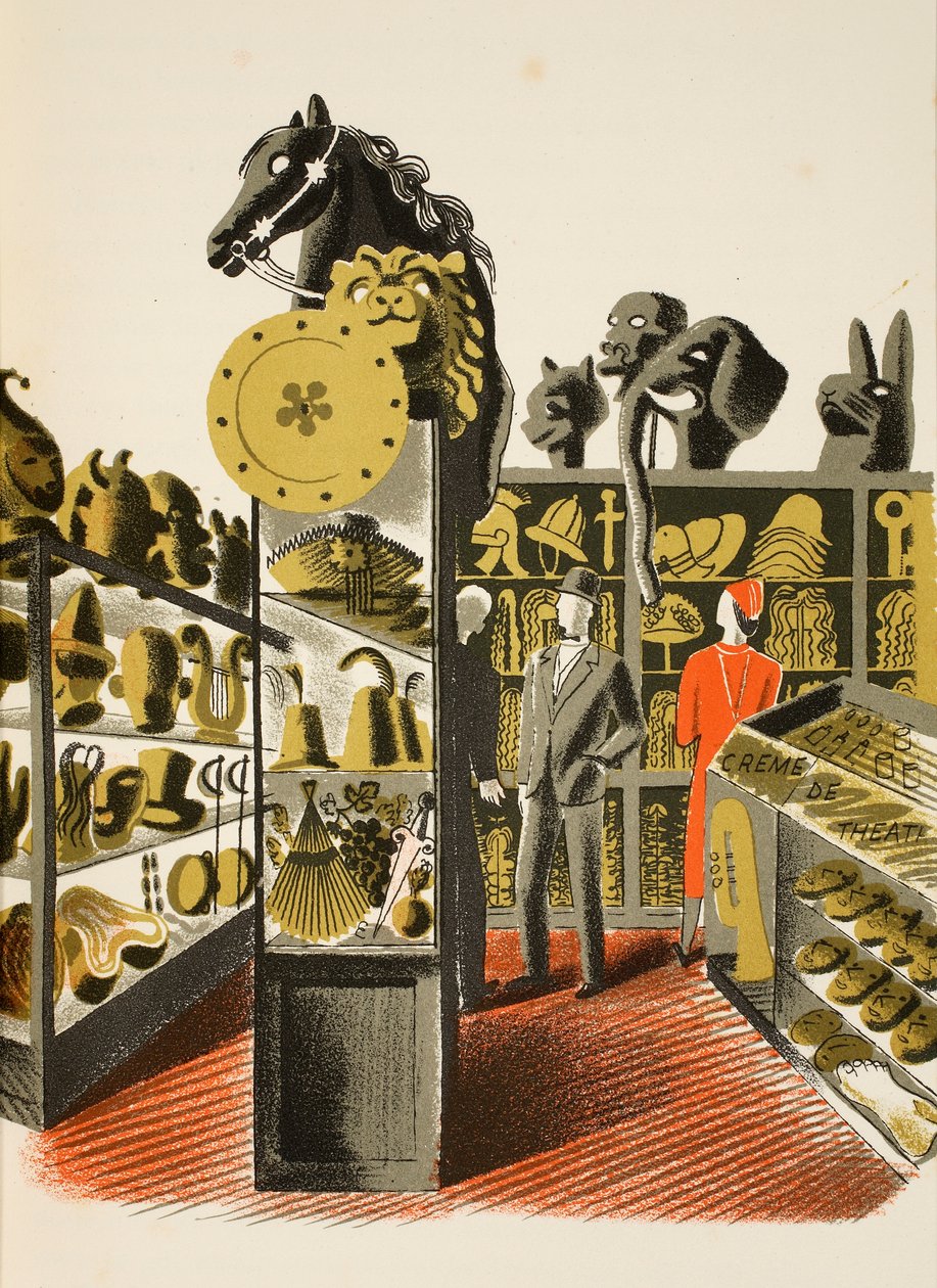 أزياء مسرحية ومتجر تأجير الدعائم ، رسم توضيحي من "High Street" من تأليف JM Richards ، طبعه مطبعة Curwen ، الحانة. بواسطة Country Life ، 1938 بواسطة إريك رافيليوس