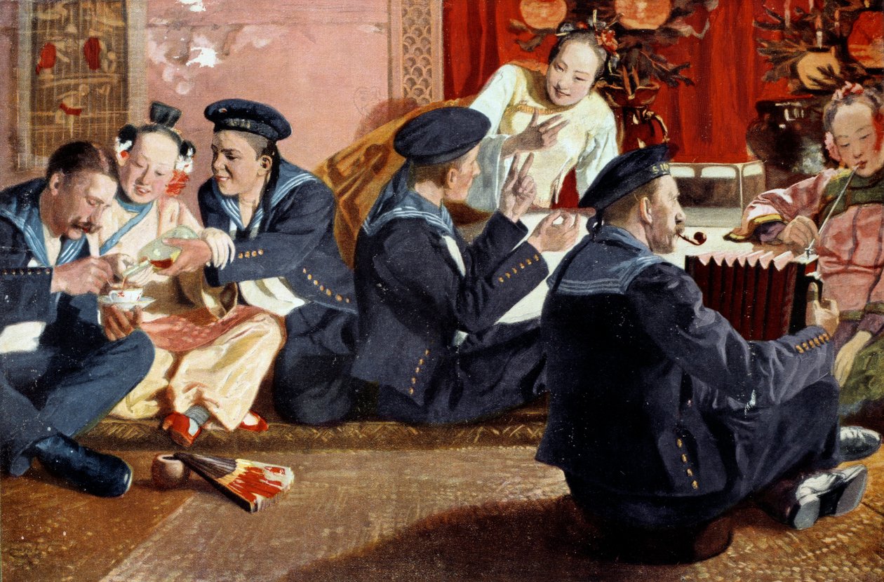 بحارة في منزل صيني على أساس لوحة إريك إلتزي (1865-). نقش القرن التاسع عشر. باريس ، الفنون الزخرفية بواسطة إريك إلتزي