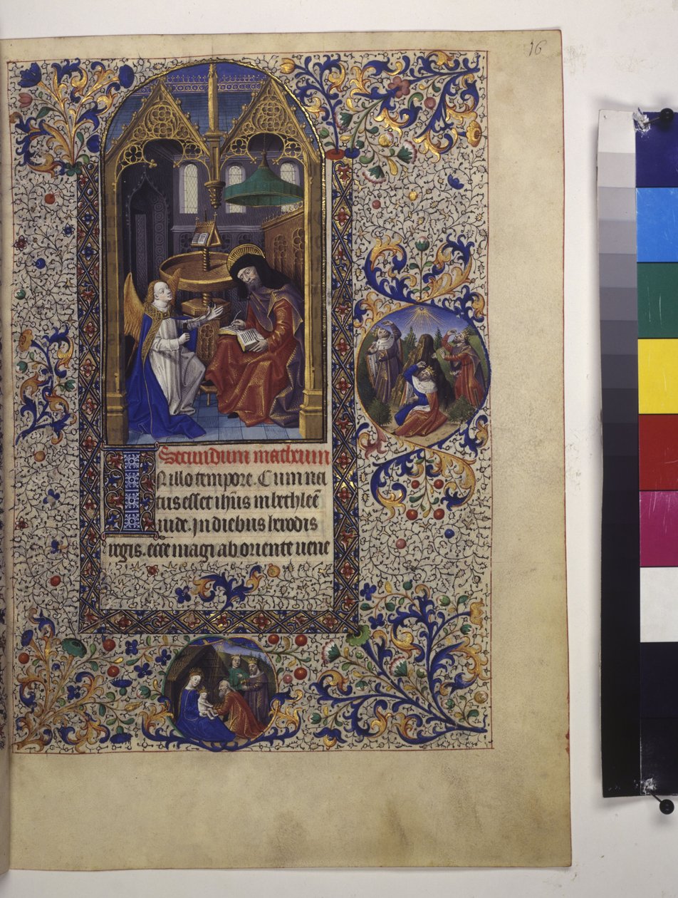 صفحة كاملة: منمنمة مؤطرة بإطار، مع نص وحرف استهلالي بالحروف اللاتينية أسفلها بواسطة إريك ليسينج