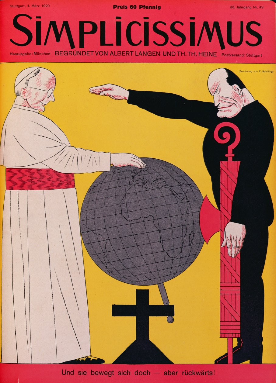 البابا بيوس الحادي عشر (1857-1939) وموسوليني (1883-1945) في وقت معاهدة لاتران عام 1929، رسم توضيحي لغلاف مجلة "Simplicissimus"، 4 مارس 1929 (ليثو ملون) بواسطة اريك شيلينغ