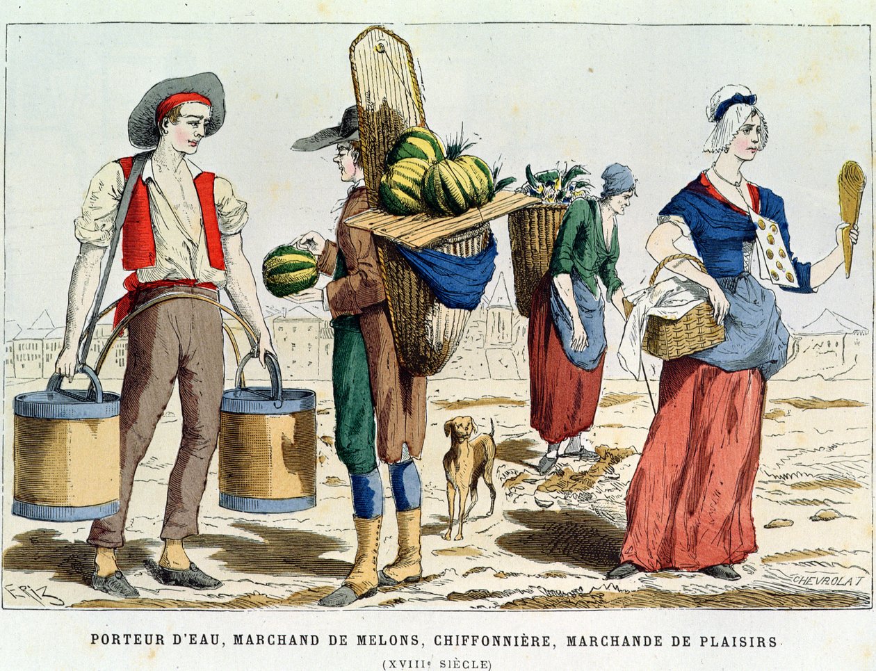 ناقل المياه؛ بائع البطيخ ، بائع البسكويت والعفن في القرن الثامن عشر ، من Costumes de Paris a Travers les Siecles ed. روي ، نشر 1887 (نقش الألوان) بواسطة إريز