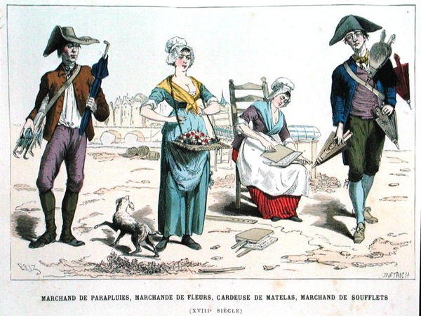 بائع المظلات ، بائع الزهور ، فراش صوف كاردير ، بائع منفاخ في القرن الثامن عشر ، من "Costumes de Paris a Travers les Siecles" ed. روي ، نُشر عام 1887 (نقش ملون) بواسطة إيريز (بعد)