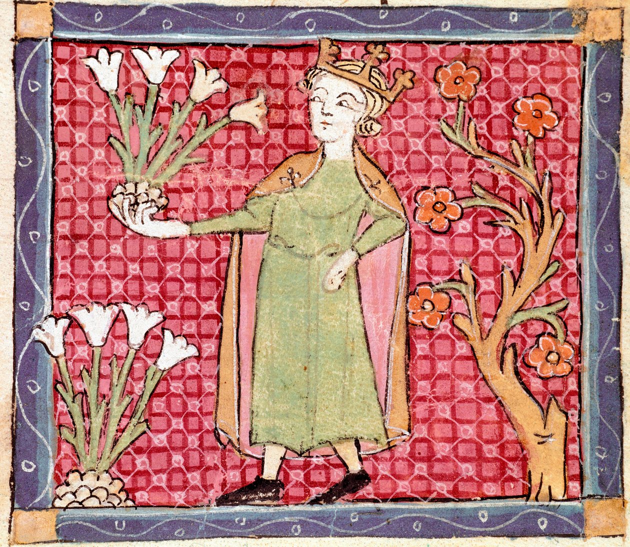 نيسان: قطف النباتات. صورة مصغرة مأخوذة من "Breviaire d'amour" (Breviari d’Amor) بواسطة Ermengol de Beziers (Matfre Ermengau) (Ermengaud) (توفي عام 1322) بواسطة إرمنجوت ماتفر