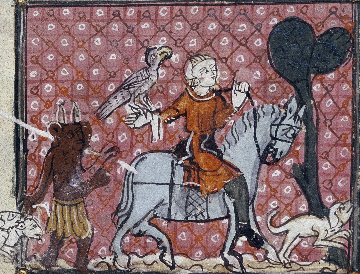 Roy 19 C I. Folio No: 204 خطيئة الغرور الدنيوية: يقترب الشيطان من الفارس مع صقره وصيده. واحدة من مجموعة توضح الإغراءات ، من قصائد ماتفر إرمينجاو ، حوالي 1300-1320 بواسطة إرمنجوت ماتفر