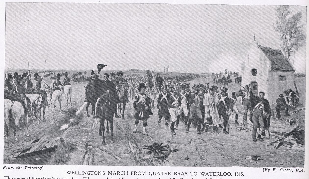 مسيرة ولينجتون من Quatre Bras إلى Waterloo ، 1815 ، رسم توضيحي من "تاريخ الأمم لهاتشينسون" ، ج .1910 بواسطة إرنست كروفتس