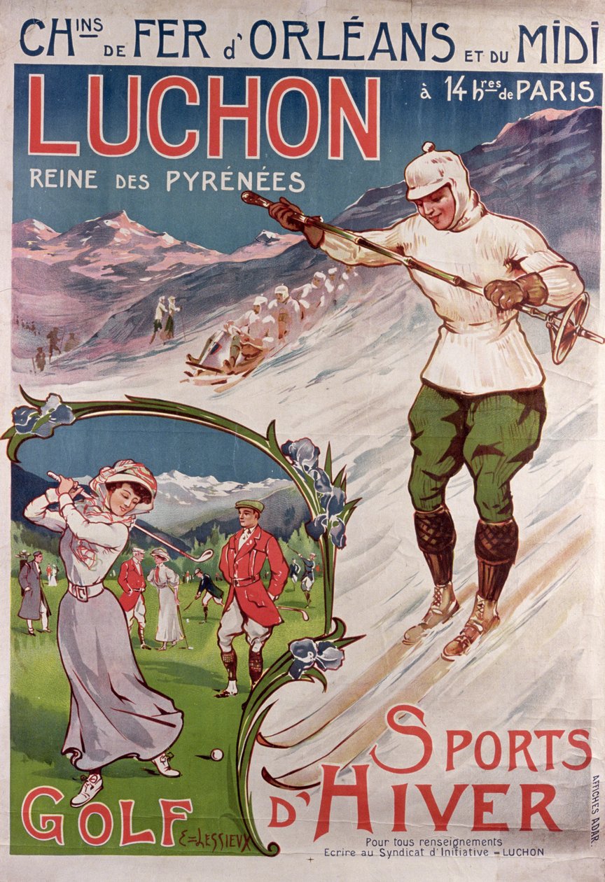 ملصق إعلاني عن منتجع "Luchon" مع "Chemins de Fer d&39;Orleans" ، 1908 (نقش الألوان) بواسطة إرنست لويس ليسو