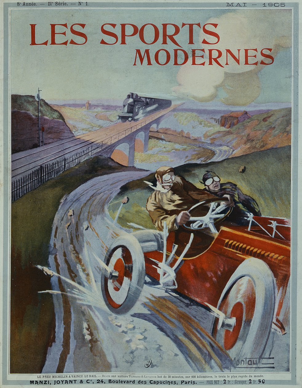 "إطارات ميشلان أسرع من السكك الحديدية!" ، الغلاف الأمامي لمجلة "Les Sports Modernes" ، مايو 1905 بواسطة إرنست مونتوت