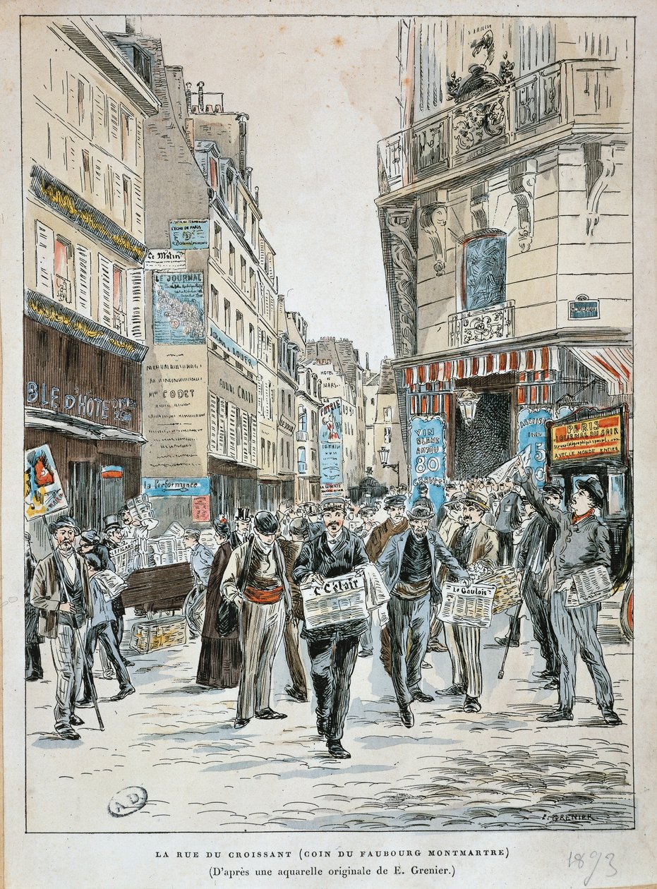 France, Paris, Newspaper vendor in rue du Croissant on corner of rue du Faubourg Montmartre in Paris by Ernest Grenier, Print from watercolor بواسطة إرنست (بعد) جرينير