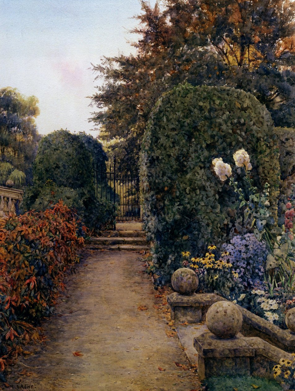 حديقة الماجستير، كلية كلير، كامبريدج، إنجلترا. Jardin fleuri avec balcon et escalier. لوحة فنية لإي آرثر رو (-1922 بريطاني) مجموعة خاصة بواسطة إرنست آرثر رو
