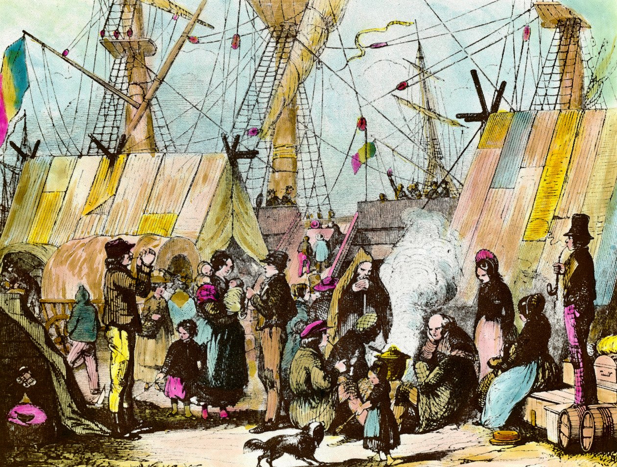 عائلات المهاجرين تخيم في ميناء لوهافر. نقش إرنست شارتون (1813-1905) نقش لمجموعة خاصة من القرن التاسع عشر بواسطة إرنست تشارتون