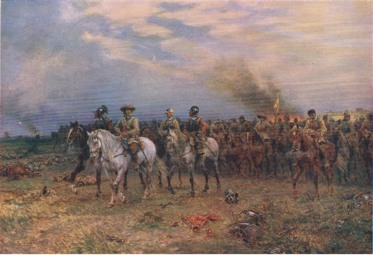 كرومويل في مارستون مور ، رسم توضيحي من تاريخ الشعب البريطاني الذي نشره ويفرلي ، حوالي عام 1940 (ليثو ملون) بواسطة إرنست كروفتس