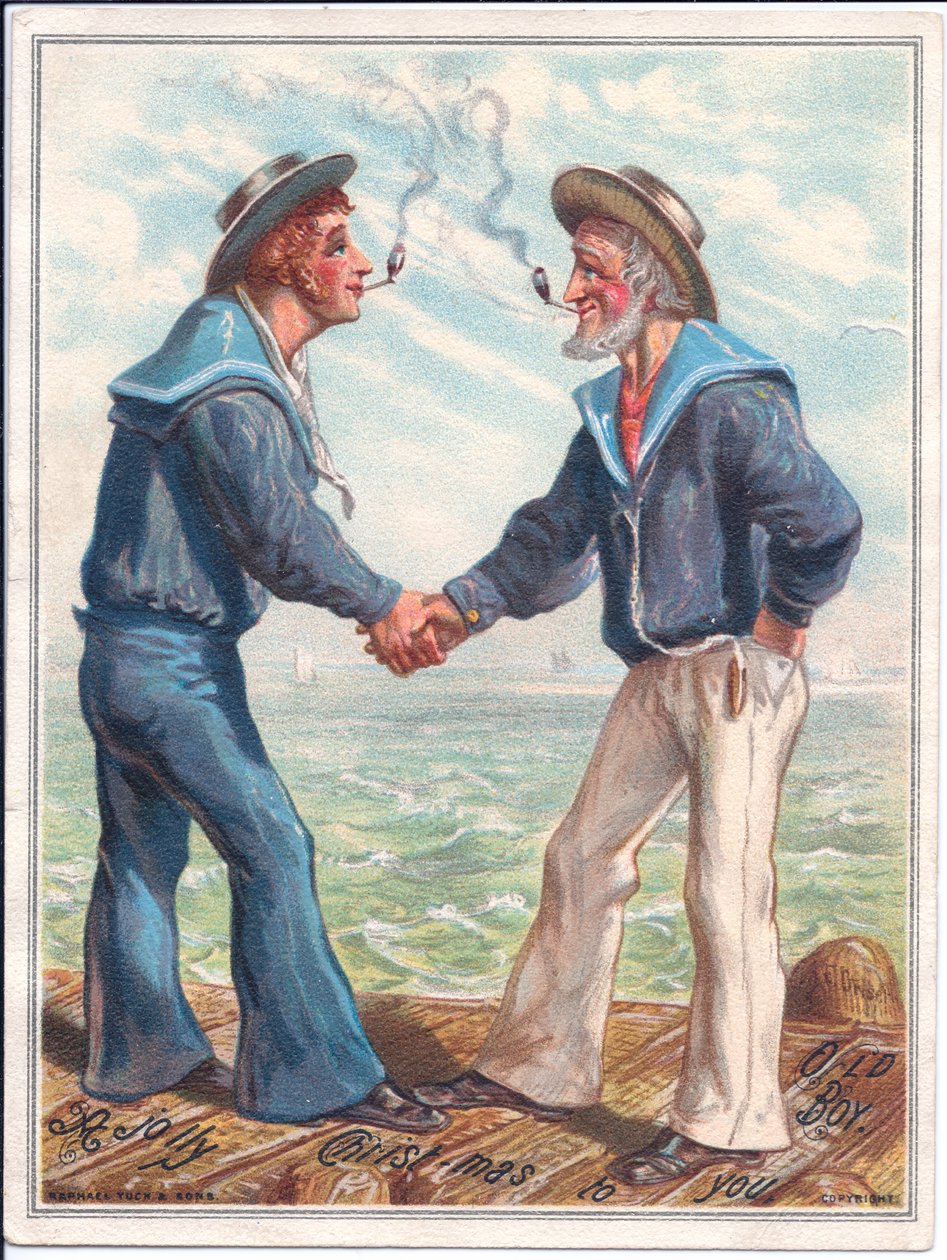 بطاقة عيد الميلاد الفيكتورية من اثنين من البحارة يدخنون الأنابيب الفخارية ويتصافحون ، حوالي 1880 (لون ليثو) بواسطة إرنست هنري جريسيت