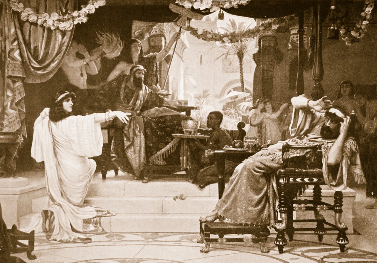 أستير تستنكر هامان ، رسم توضيحي من "تاريخ هاتشينسون للأمم" ، c.1910 (طباعة بني داكن) بواسطة إرنست نورمان