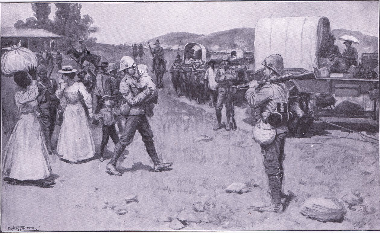 الجنود البريطانيون يساعدون اللاجئين البوير ، التوضيح من بعد بريتوريا: حرب العصابات ، 1902 بواسطة إرنست براتر