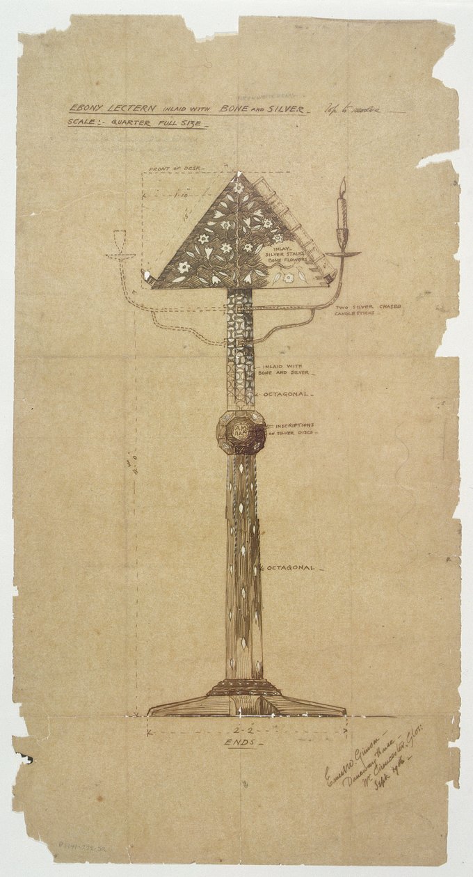 تصميم الأبنوس منبر مطعمة بالعظم والفضة لكنيسة سانت أندروز ، روكر 1906 (قلم وحبر على ورق) بواسطة إرنست وليام جيمسون