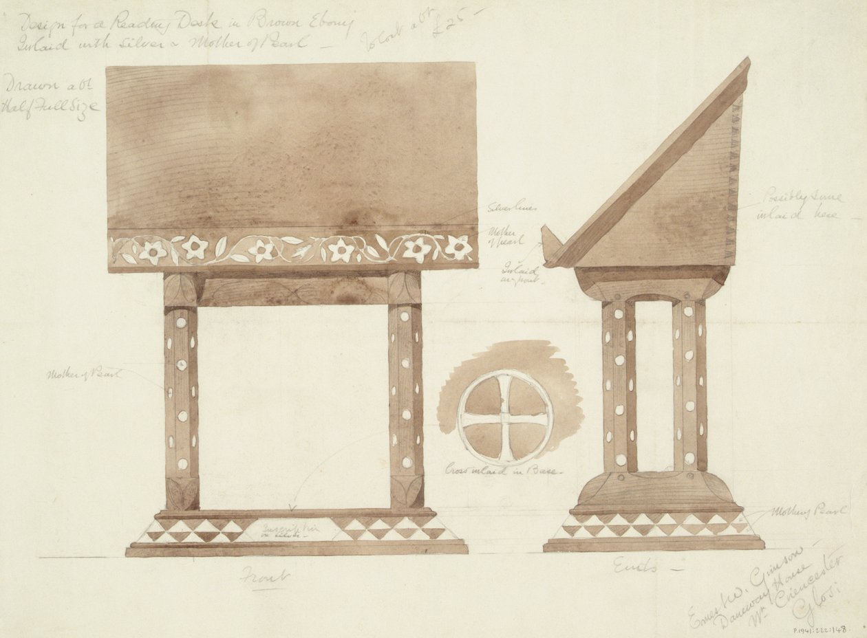 تصميم لقراءة مكتب باللون البني الأبنوس ، مطعم بالفضة وأم اللؤلؤ ، c.1905-15 (مرحاض بقلم رصاص على ورق) بواسطة إرنست وليام جيمسون