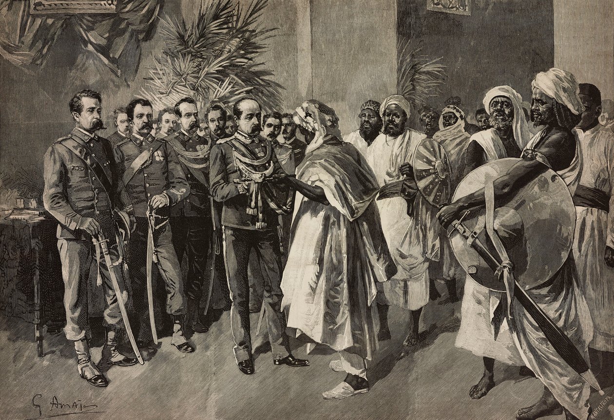 الجنرال تانكريدي ساليتا يقدم السيف إلى كانتيباي ، رئيس أباب ، مصوع ، الحرب الإريترية ، نقش لإرنستو مانكاستروببا من الرسم بقلم جي أماتو ، من L