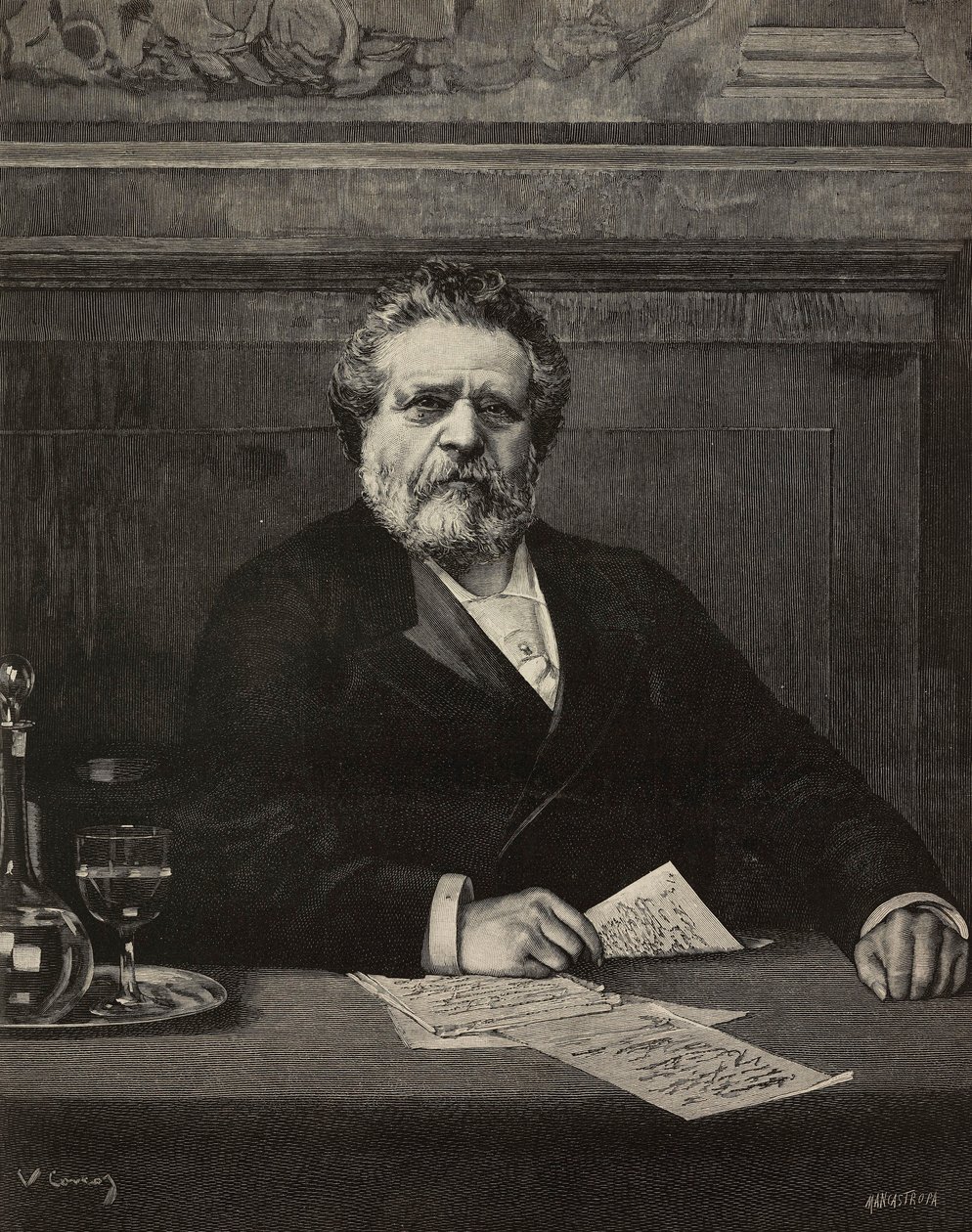 جيوسو كاردوتشي (1835-1907) ، شاعر وكاتب إيطالي ، حائز على جائزة نوبل عام 1906 ، نقش لإرنستو مانكاستروببا من لوحة فيتوريو كوركوس ، من L