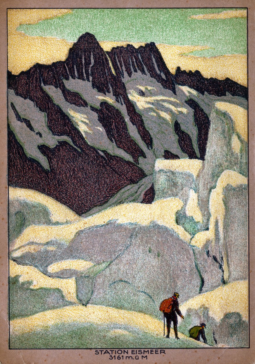 نهر جريندلفالد الجليدي (إيشمير) في جبال الألب السويسرية. حوالي 1920-1930 (رسم توضيحي) بواسطة إرنست إميل شلاتر