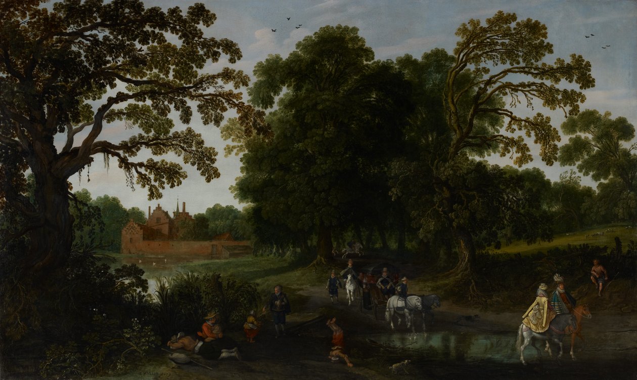 منظر طبيعي مع موكب قذر أمام قلعة أبتسبويل ، 1619 بواسطة Esaias van de Velde
