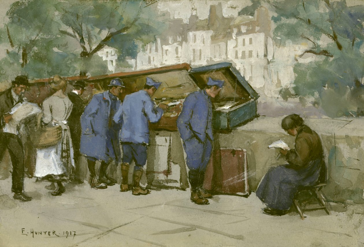 الجنود الفرنسيون و Bouquinistes على طول نهر السين ، 1917 (مرحاض على ورق رمادي فاتح) بواسطة إثيل هنتر