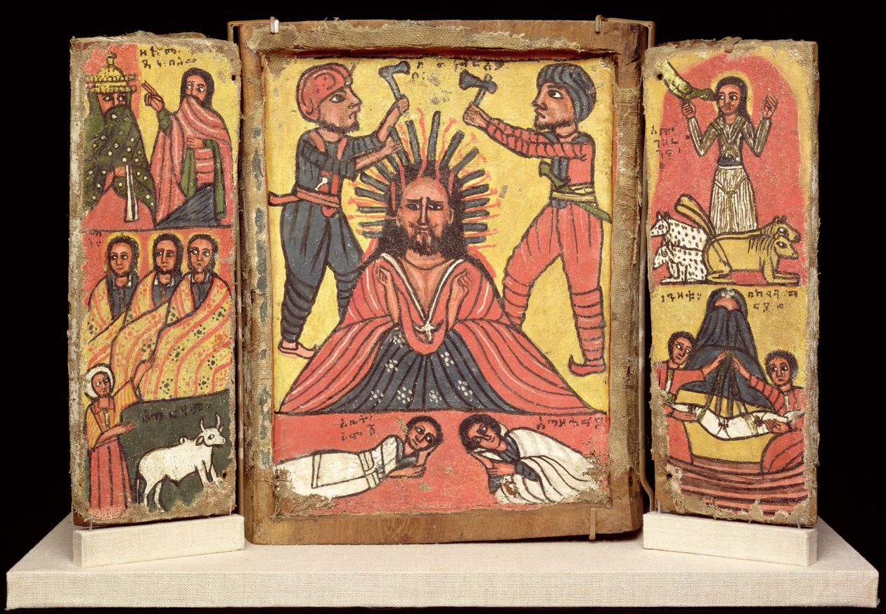 ثلاثية ثلاثية ، ثقافة أمهرة (جيسو وصبغ على الكتان) (انظر أيضًا 212138) بواسطة المدرسة الاثيوبية