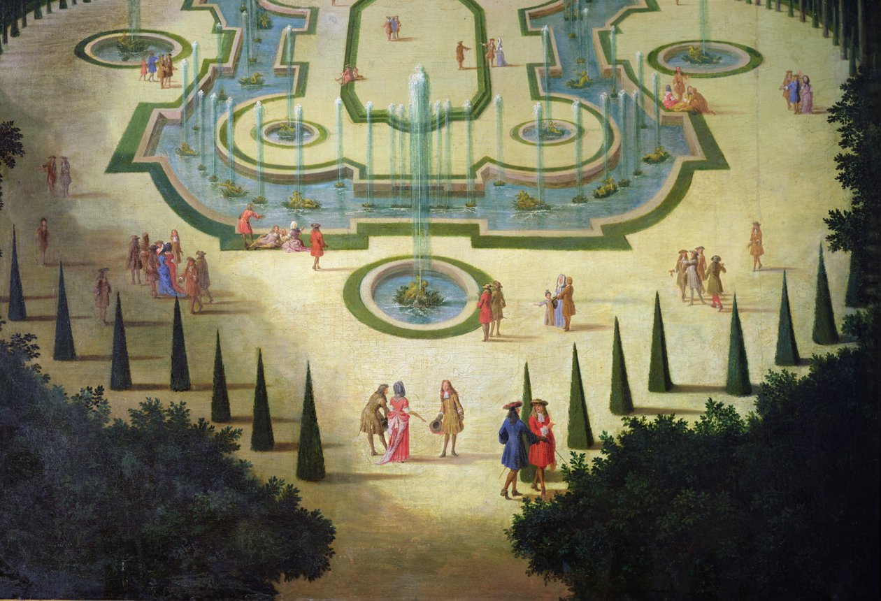 La Salle des Festins ou Salle du Conseil تفاصيل البرك والأشكال في المقدمة ، c.1688 زيت على قماش بواسطة إتيان أليجرين